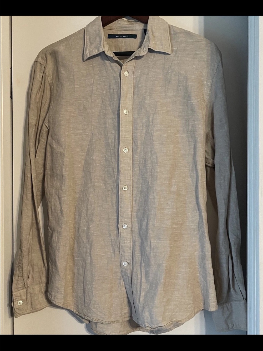 Perry Ellis Linen Blend Botton-Down Shirt Men's Size M Tan Resort Beach
